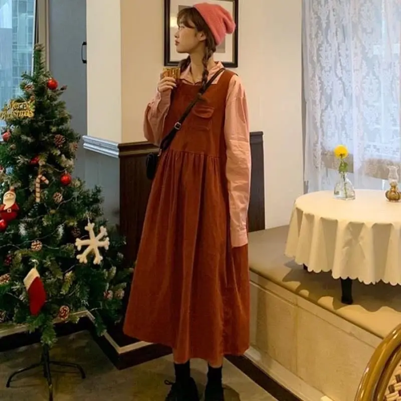 

Winter dress Korean solid color show thin shoulder skirt solid Japanese corduroy thermal + Long Sleeve Shirt college style suit