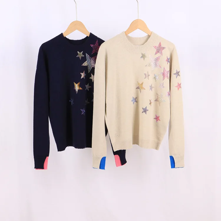 

100% Cashmere sweater Color Star Hot Diamond lady Knit Sweaters Women O-neck Long Sleeve Casual Knit Pullover 2021 Autumn