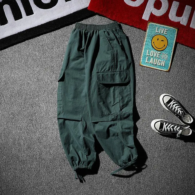 

Streetwear Hip Hop Men Cargo Pants Ribbons Pocket Joggers Sweatpants Men Military Black Ankle Length Casual Trousers For Male