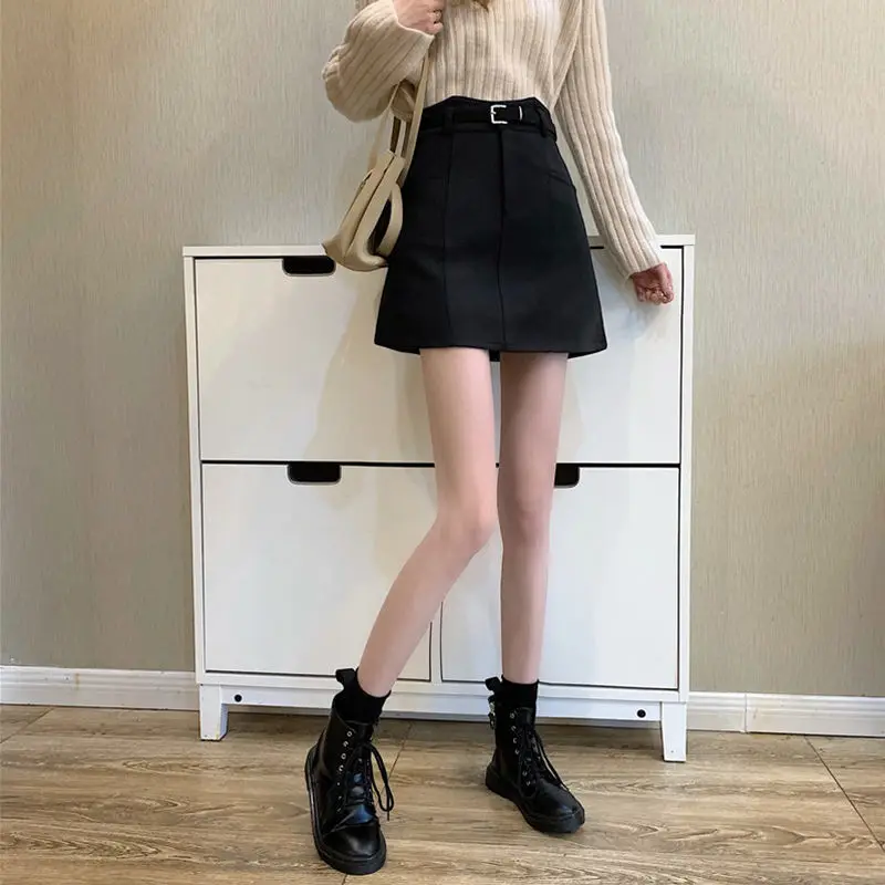 

2021 New Autumn Winter Women Temperament Solid Woolen Sashes A-Line Short Skirt Female Elegant Zipper High Waist Mini Skirt