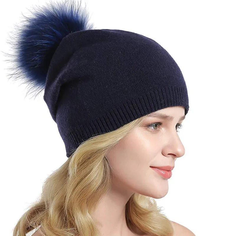 Mink And Fox Fur Ball Cap Pom Poms Winter Hat For Women Girl 's Knitted Beanies Brand New Thick Wool Warm Female O22 | Аксессуары