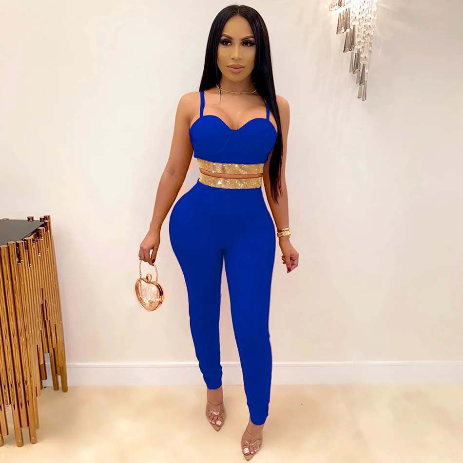 

Ailigou Summer 2021 Women's Jumpsuit High Quality Sexy Red Green 2 Piece Crystal Rayon Bandage Set Strapless Celebrity Party Set