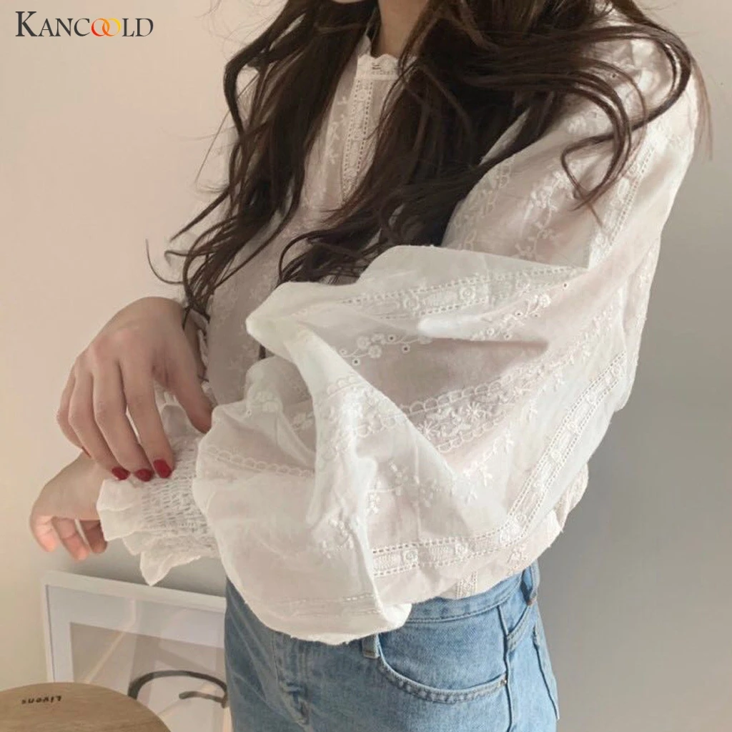

KANCOOLD shirt Women Long Sleeve Lantern Sleeve Floral Lace O-Neck Casual Tops Shirts fashion new shirts women 2019 NOV8