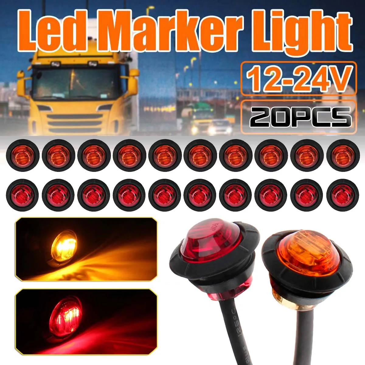 

20X Smoked Round Side Marker lights 3/4"LED Bullet Light Truck Trailer Amber Red