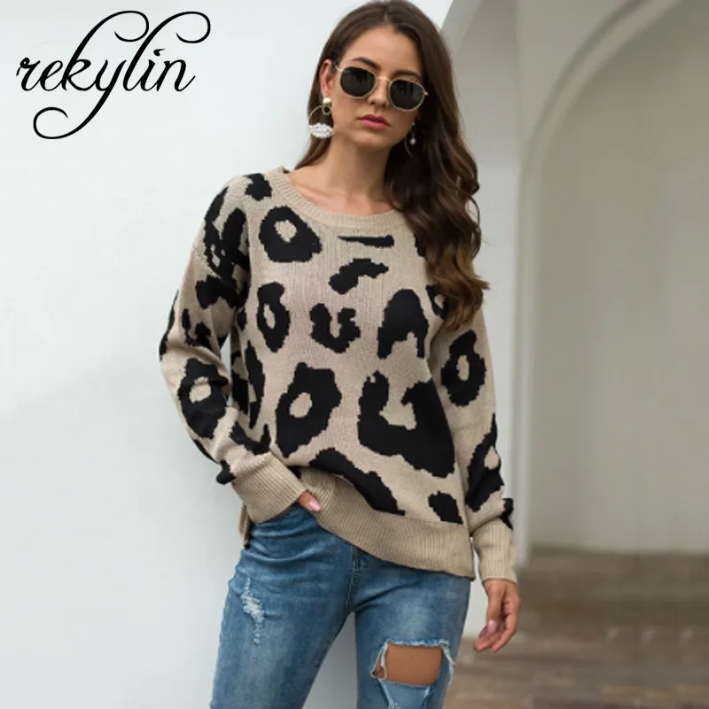 2019 Autumn and Winter New Leopard Print Ladies Sweater Round Neck Loose Pullover Warm Women's sweater | Женская одежда