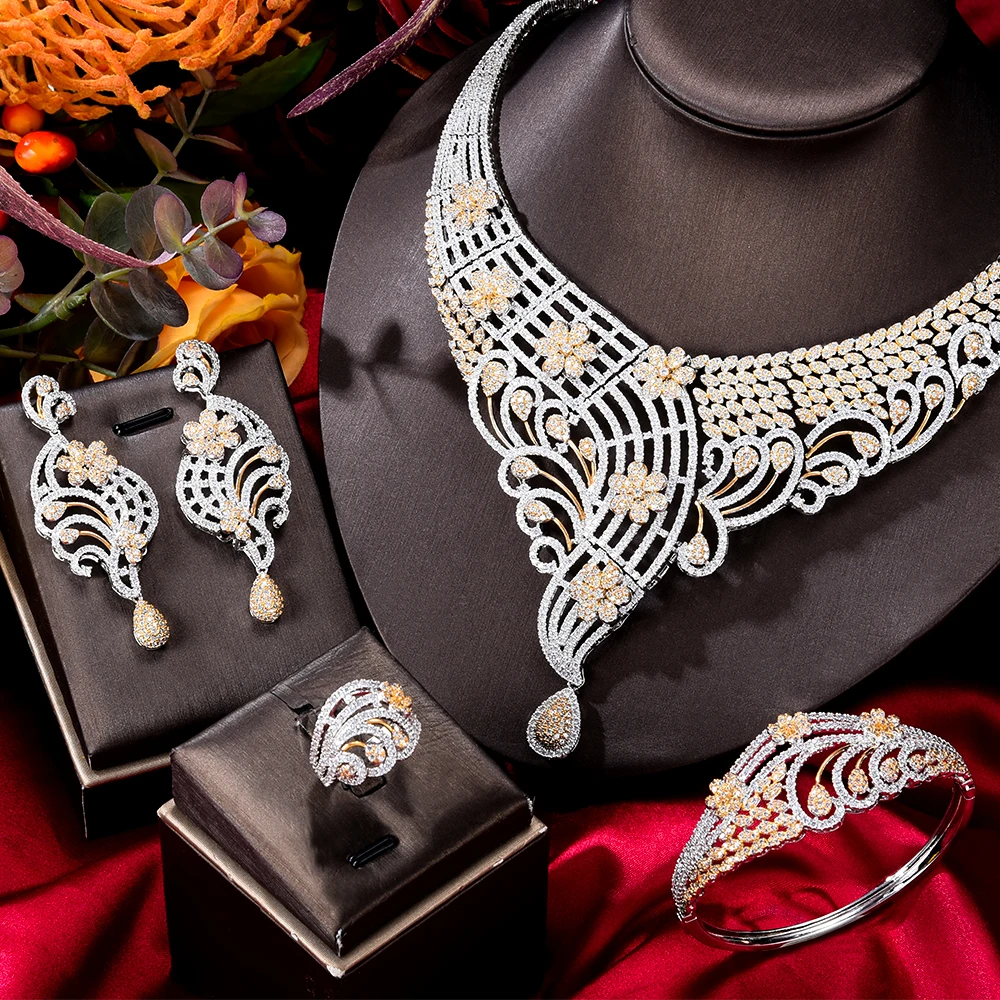 

GODKI Elegant 4PCS Flowers African Jewelry Sets For Women Wedding Party Zirconia Indian Dubai Bridal Jewelry Set Dress Dinner