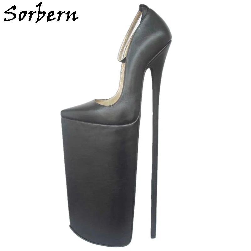 Sorbern Black Matt 40Cm Extreme High Heel Pumps Women Shoes Genuine Leather Ankle Strap Pointy Toes Thick Platform Shoes
