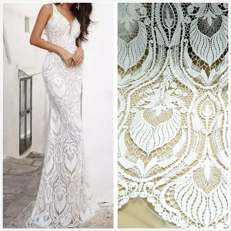

1 yard Elegant White Big Leaf Floral Pattern Lace Fabric Hollow Out Water soluble Fabric For DIY Party Wedding Dress Bridal Gown