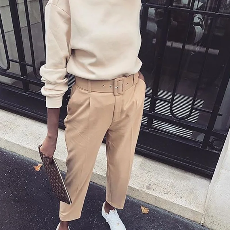 

Office Lady Black Suit Pants with Belt Women High Waist Solid Long Trousers Fashion Pockets Pants Trousers Pantalones