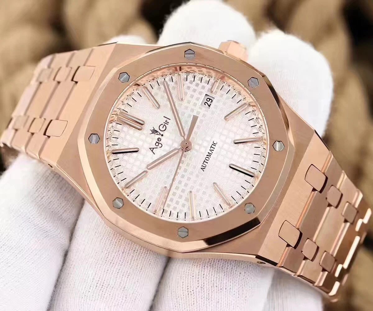 

Classic New Men Watch Stainless Steel Rose Gold Black White Automatic Mechanical Sapphire Glass Back See Through Watches