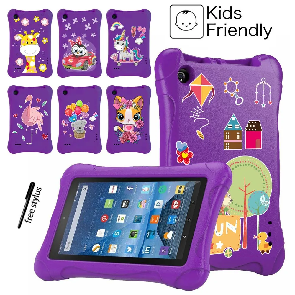 

Tablet Case for Amazon Fire 7 2015 2017 2019 Cute Children Shockproof Cover Safety EVA Soft Rubber Protective Cover+Pen