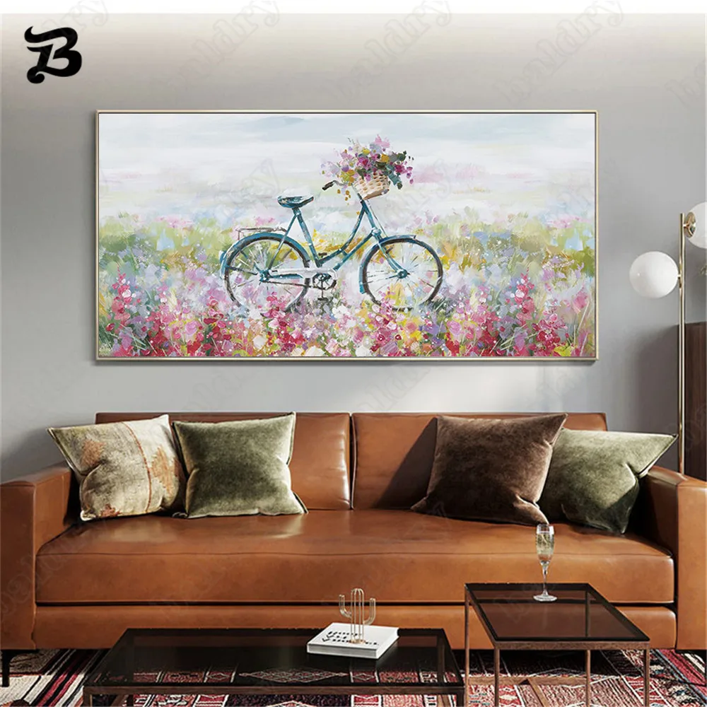 Красивая Картина на холсте в современном стиле цветы и хуапин велосипедный