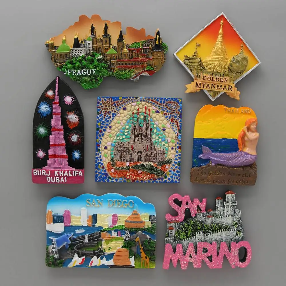 

fridge magnets Barcelona mosaic Burj khalifa dubai golden Myanmar Prague san diego San Marino Thai Mermaid home decoration gifts