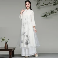 2020 new chinese style hanfu zen suit female retro artistic floral printed cheongsam dress oriental clothing women qipao dress