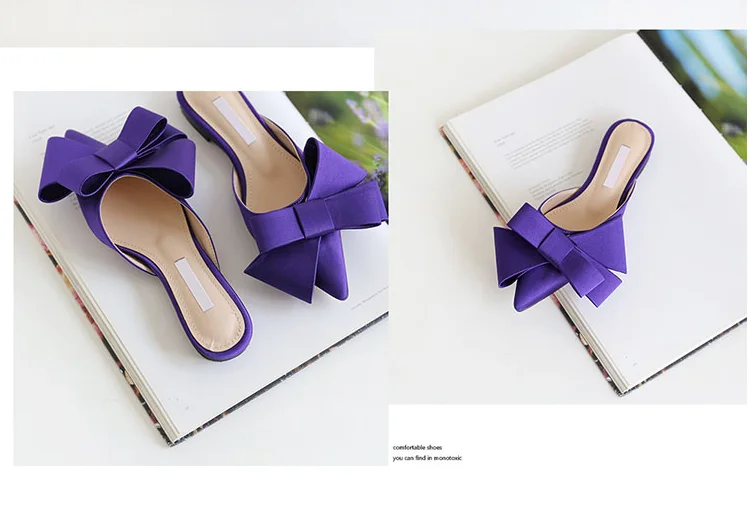 

style sandals with bowknot, pointy head, women's slippers, Baotou, women's shoes, flat heel, foot covering, half slipper trend