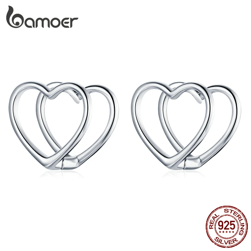 

Bamoer Summer Pop Simple Double Heart Earrings Real 925 Sterling Silver Earrings for Women Fashion Birthday Party Jewelry GAE501
