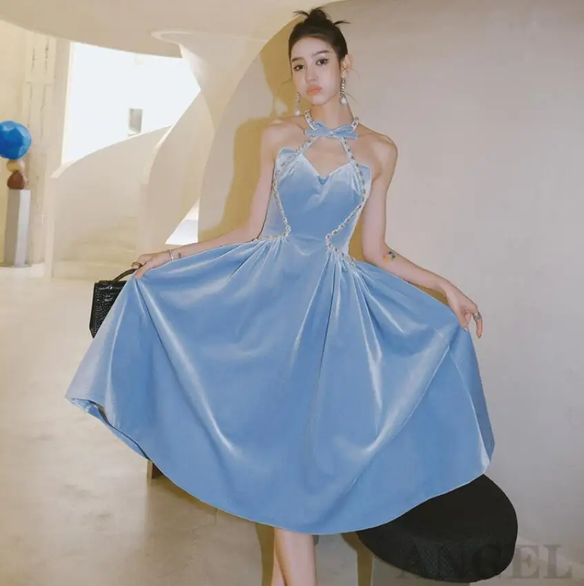 

Модное синее вечернее платье со стразами для женщин, лоскутное платье миди без рукавов с высокой талией и бантом, женские платья q303