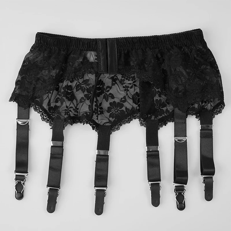 Sexy Black Mesh Garter Belt Lace Embroidery Transparent Suspender 6 Straps Metal Clip for Women Stockings Leg Harness