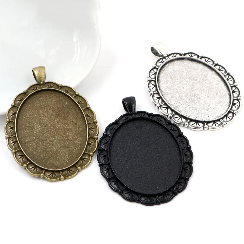 

New Fashion 5pcs 30x40mm Inner Size Antique Silver Plated And Bronze Black Flowers Style Cabochon Base Setting Charms Pendant