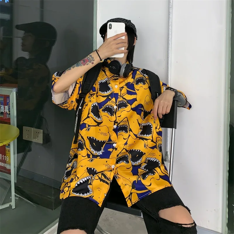

Shark Full Printed Short Sleeve Shirts Men Summer Floral Loose Hawaiian Korean Streetwear Hip Hop Couple Fashion Shirts Camisa