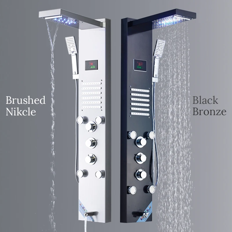 

Black/Brushed Stainless Steel 5-function Waterfall Rain Shower Panel with Massage System Tub Spout and Handshower Shower Column