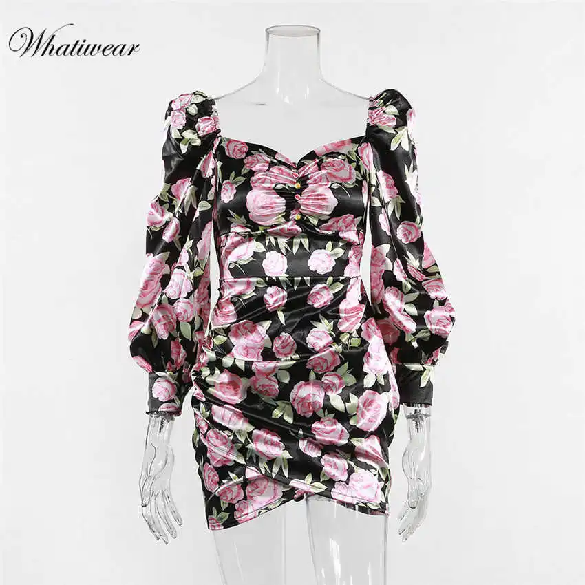 Black Whatiwear Летнее мини-платье с цветочным принтом, вечерние уличные женские платья на пуговицах с пышными рукавами, Vestidos de festa - Цвет: Black