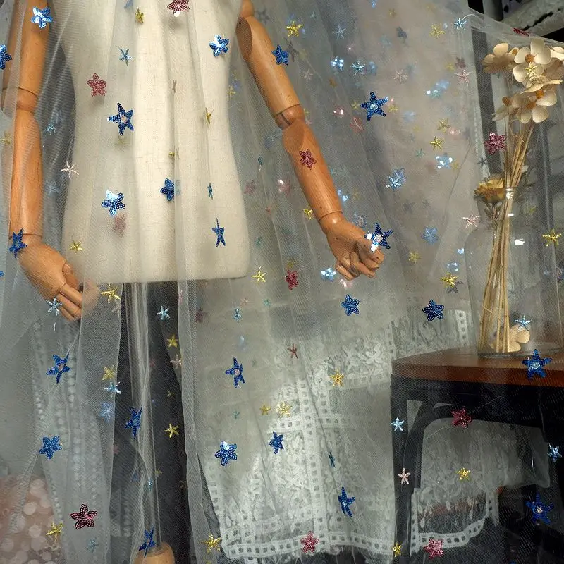 2 метра черно-белая сетчатая кружевная ткань со звездами и блестками одежда из