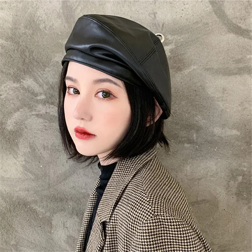 

PU Leather Brimless Beret Womens Fall Winter Boinas Hombre Hat Designer Painter Baret Cap French Octagonal Hats with Ring