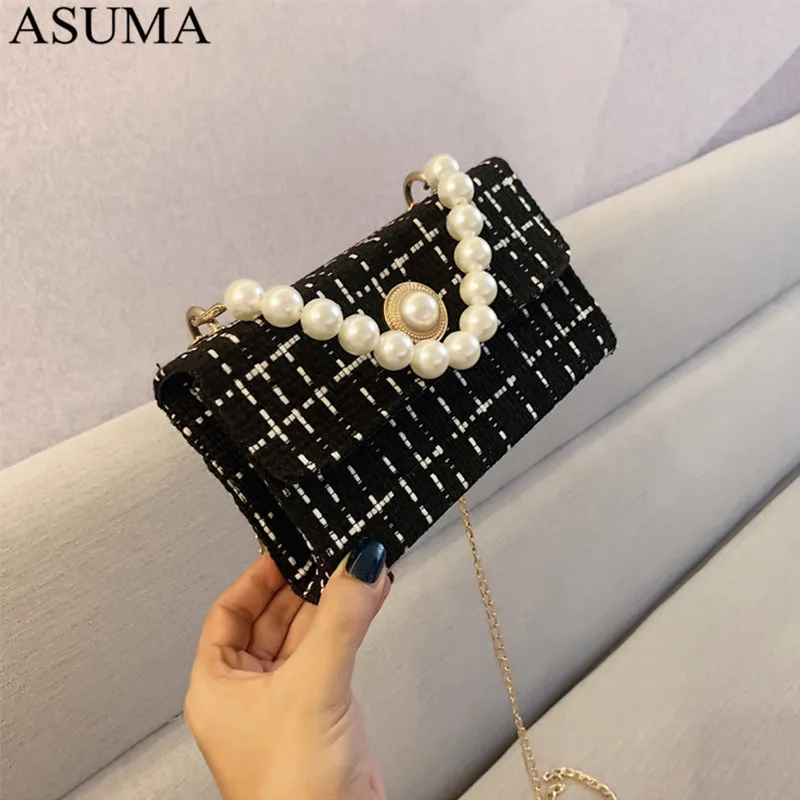 Красочный Жемчуг сумки через плечо для женщин 2019 зимние твидовые маленькие