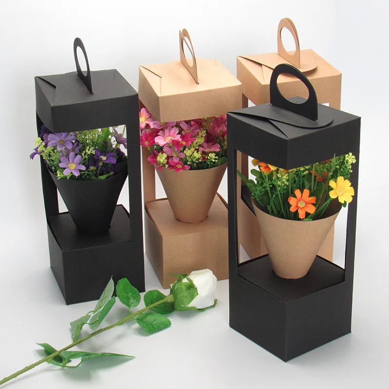 

Портативная коробка для цветов, подарочная упаковочная сумка из крафт-бумаги, пакеты для цветов, букет для свадебной вечеринки, корзина для ...