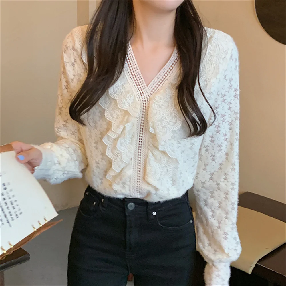 

Женская кружевная рубашка 민민민бежевого цвета в стиле пэчворк, Женская нежная уличная одежда 2021 OL, повседневные новые осенние Топы