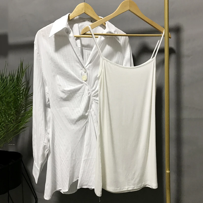 

SeeBeautiful New Fashion Spring 2021 Simple Irregular Single-breasted Lapel Long Sleeve Slim Pleated Dress Women W755