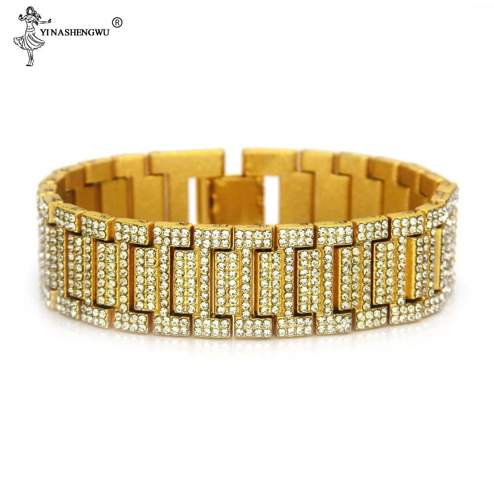 В стиле хип-хоп 21 мм Полный Стразы цепи из нержавеющей стали цвета: золотистый