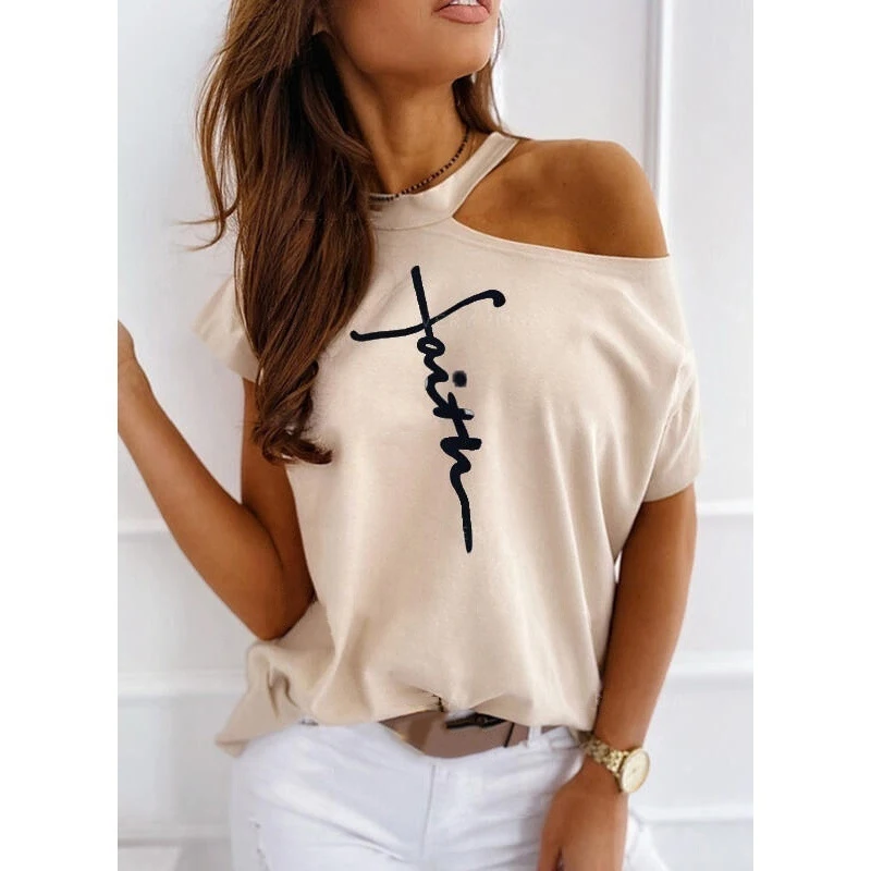 

Print One Shoulder Short Sleeve Casual Blouses for Women Breathable Round Neck T-Shirt Solid Color LXH