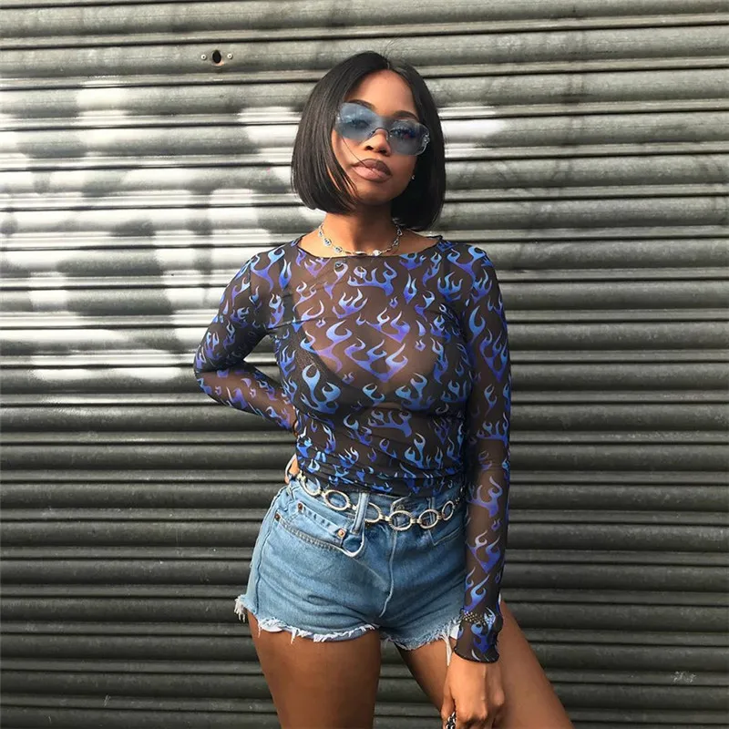 Casual Blue Flame Printing T Shirt Female Autumn Streetwear Long-sleeved Round Neck Crop Top Gothic Tee Women Clothes 2021 | Женская