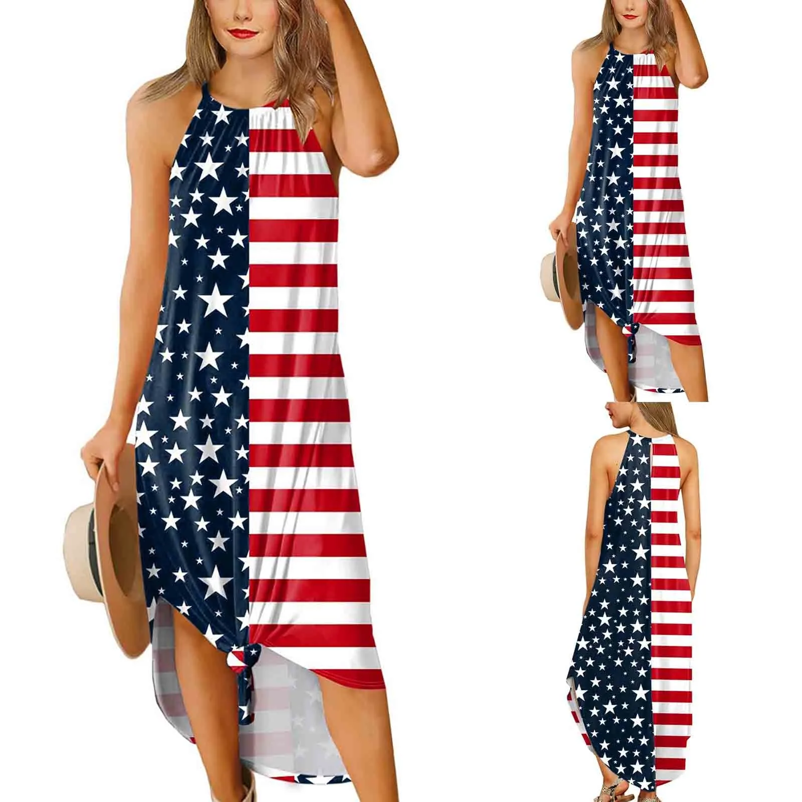 

Fashionable Women's Dress Sleeveless Summer American Independence Day Casual High Waist O-neck Printed Pocket Knee-length Pleate