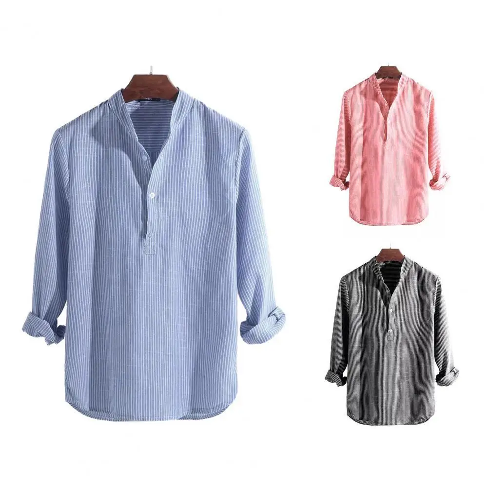 

2021Men Shirt Striped Stand Collar Soft Long Sleeve Buttons Blouse Oversized Man Tops Street Style plus size Men's Clothing топы