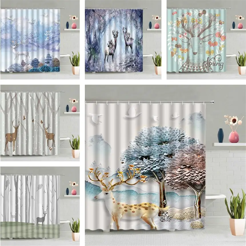 

Forest Sika Deer Shower Curtain Cartoon Elk Deer Animal Flower Bird Bathroom Hanging Curtain Fabric Child Bath Screen Decor Hook