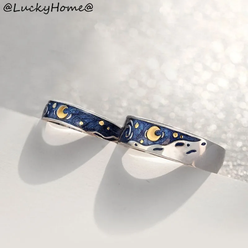 2 шт. S925 покрытием Ван Гог синее звездное небо открытый Lover кольца любовь навсегда