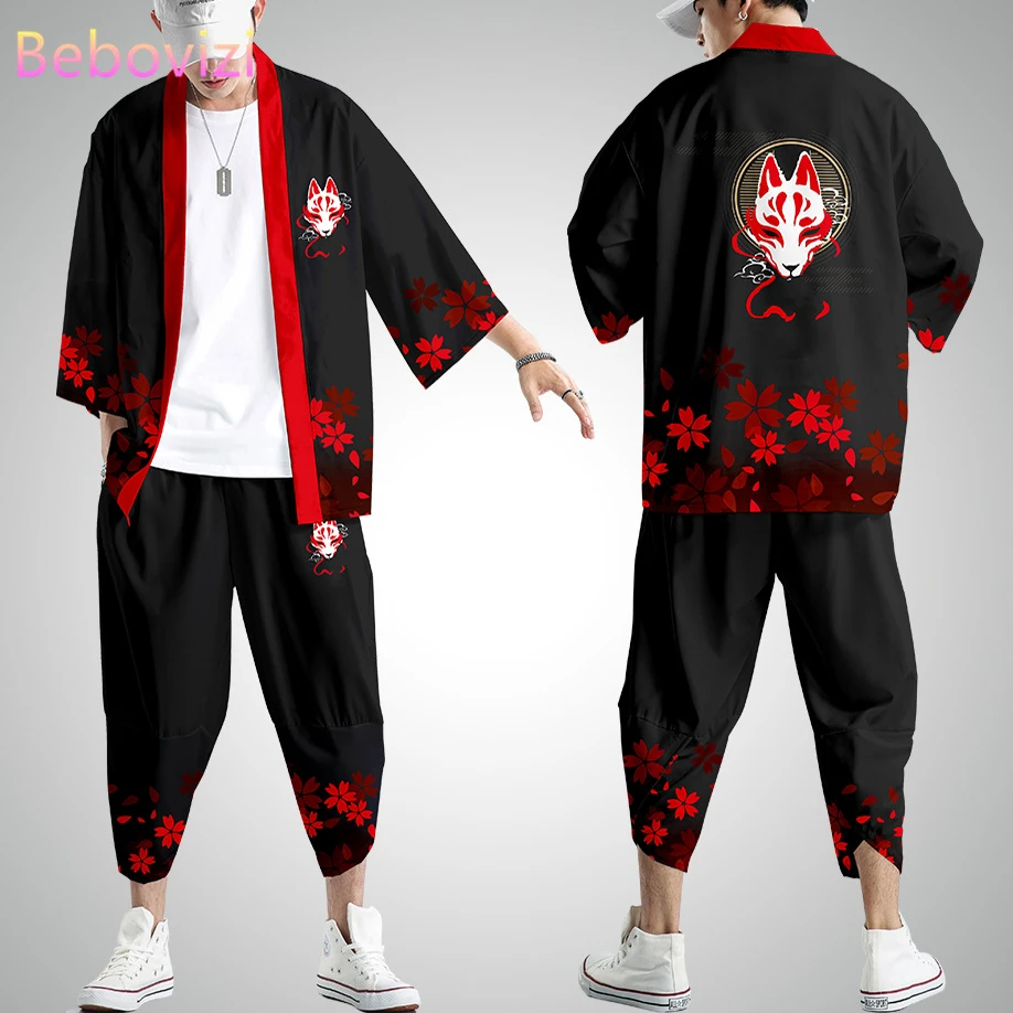 

Plus Size XS-6XL Black Fox Printing Japanese Style Fashion Kimono and Pant Set Men Women Cardigan Blouse Haori Obi Asian Clothes