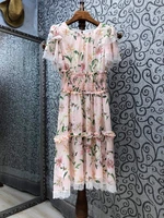 new arrival dress 2021 summer style women o neck pink floral print elastic waist lace patchwork short sleeve casual sun dress