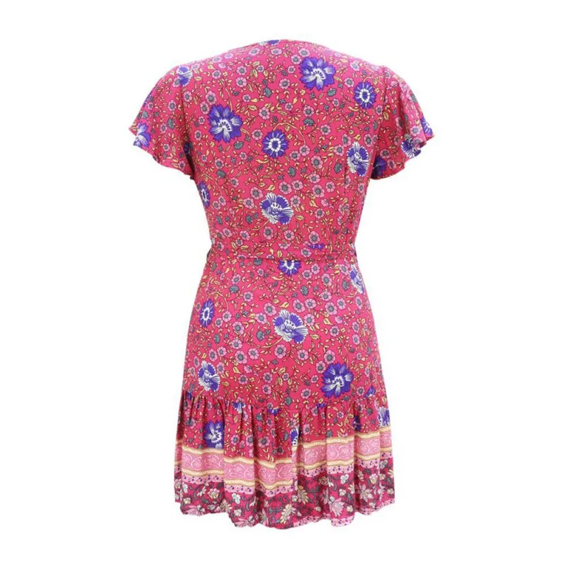 

ROPALIA Women Summer Dress Fenale V-neck Short-sleeved Printed Casual Beach Short Dress