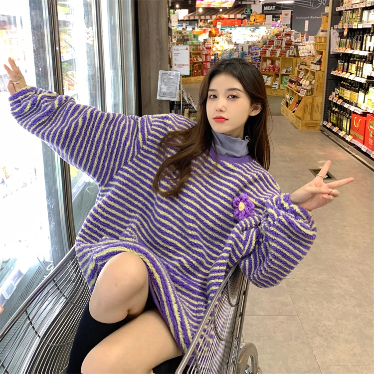 

Y2k Women Hoodies Streetwear Kawaii Lamb Wool O-neck Sweatshirt Ladies Jacket 2022 Striped Harajuku Thick Female Top Fairycore