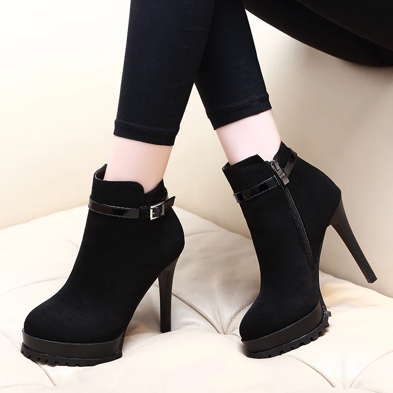 

DropShipping Winter Women 2019 Black Ankle Boots For Woman Thin Heel Zip Ladies Shoes Martin Boots Kid Suede Shoes CH-B0117