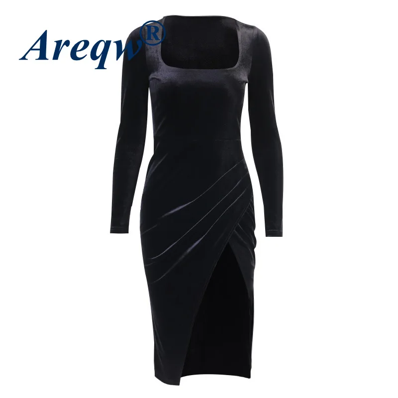 

2021 Fashion Sexy Slim Square Neck Dress Women's Diamond Split Skirt One-step Skirt Mid-length Skirt