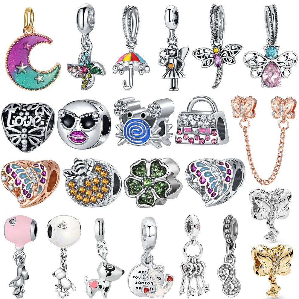 Новый милый подвеска с жемчужинами в форме зонтика с изображением стрекозы, бабочки и краба подходит для оригинальных браслетов Pandora. Женские ювелирные украшения в подарок.