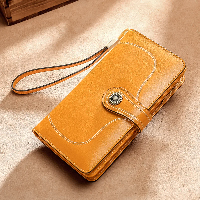 Vintage Oil Wax Leather Wallet Ladies Leather Wallet Long Wallet Retro RFID Multifunctional Clutch Card Holder
