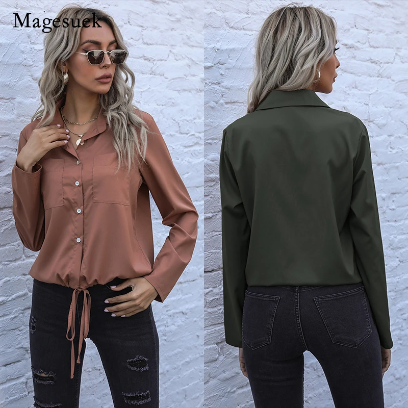 

Женская винтажная рубашка на завязках, свободная офисная рубашка с отложным воротником и длинным рукавом, весна 18558