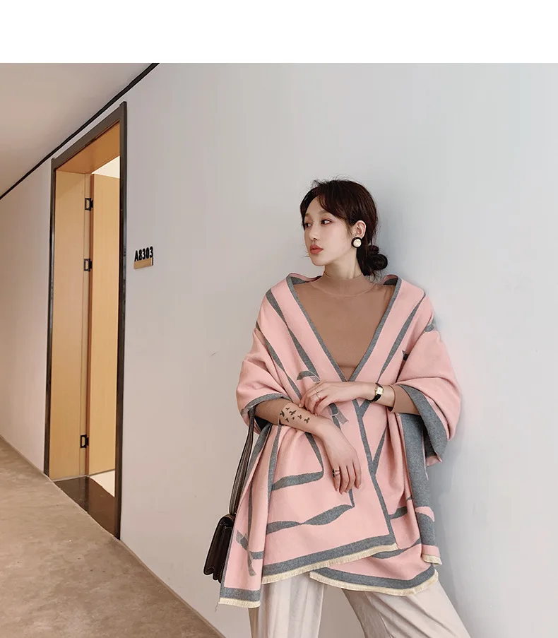 Кашемировый шарф большого размера для леди, пашмины шали, плотные женские теплые зимние шарфы, роскошные полосатые шарфы, новинка