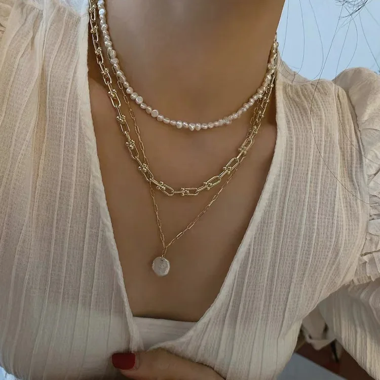 

French New Fashion Style Retro Multi-layer Geometric Irregular Imitation Pearl Necklace Korean Neck Chain for Women Wedding Gift